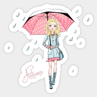 Fashion girl in autumn clothes with umbrella Sticker